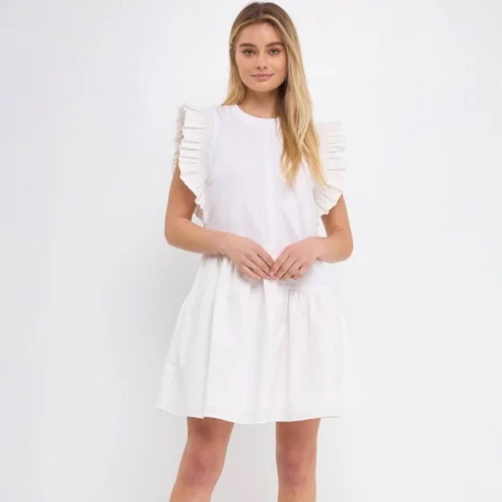 English Factory Mixed Media Ruffle Detail Mini Dress